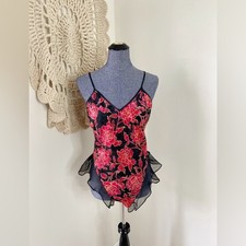 Victoria s Secret Vintage 80s Sheer Ruffle Floral Black Red Bodysuit Teddy M