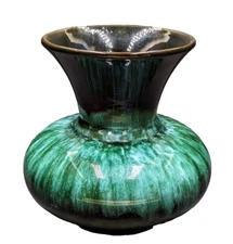 VTG BMP Canada Blue Mountain Pottery Green Black Drip Glaze Vase 5" Handmade