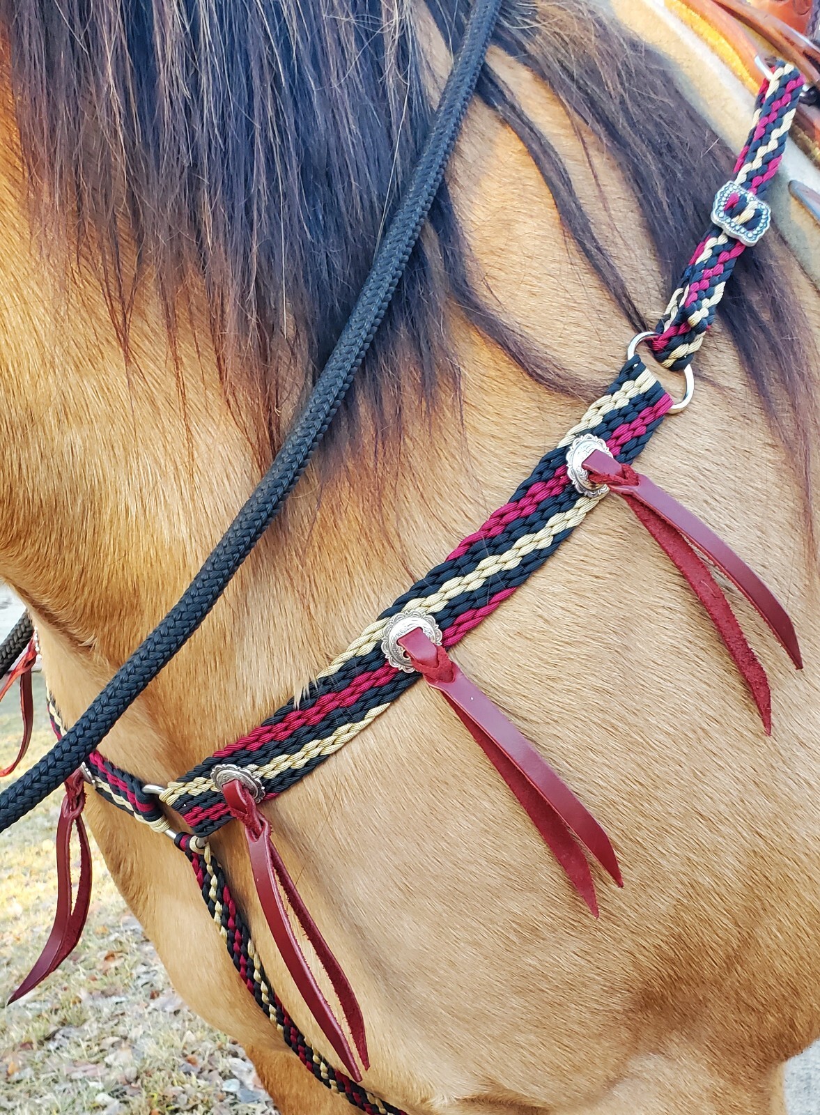 NEW! Hand Braided Headstall and Breast Collar, Conchos, BLACK, BURGUNDY