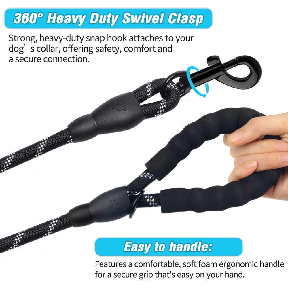 10FT Large Pet Rope Dog Leash Heavy Duty Reflective Nylon Leads w/ Comfy Handle