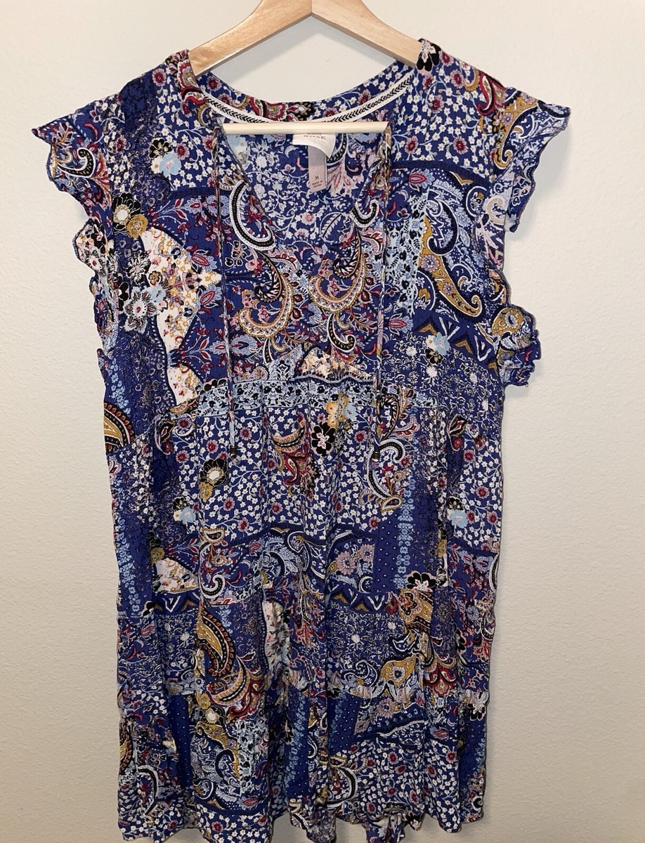 KNOX ROSE Blue Paisley Boho Flutter Short Sleeve Tiered Dress Sz M Tie Neck  | eBay