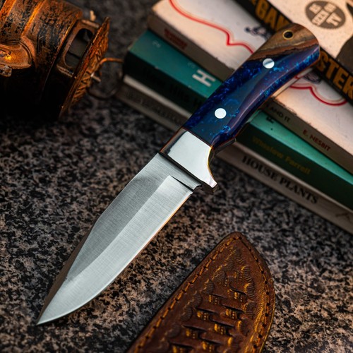 Wild Blades 8.8" Full Tang Hunting Knife Handmade EDC Damascus + Leather Sheath