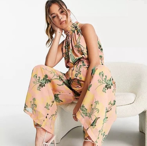 ASOS Design Chiffon Gathered Waist Halter Jumpsuit Floral Print Maternity 14 - Imagen 2 de 10