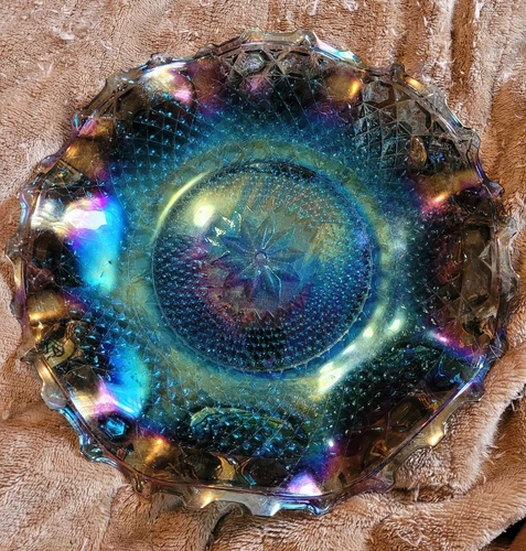 Vintage Blue Carnival Glass Plate 10” Iridescent Diamond Point Ruffled Edge