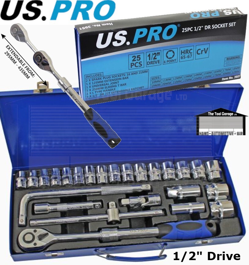 US PRO Tools 25pc 1/2"" dr Extendable Ratchet Socket Set, Sockets 6pt, NEW 3951