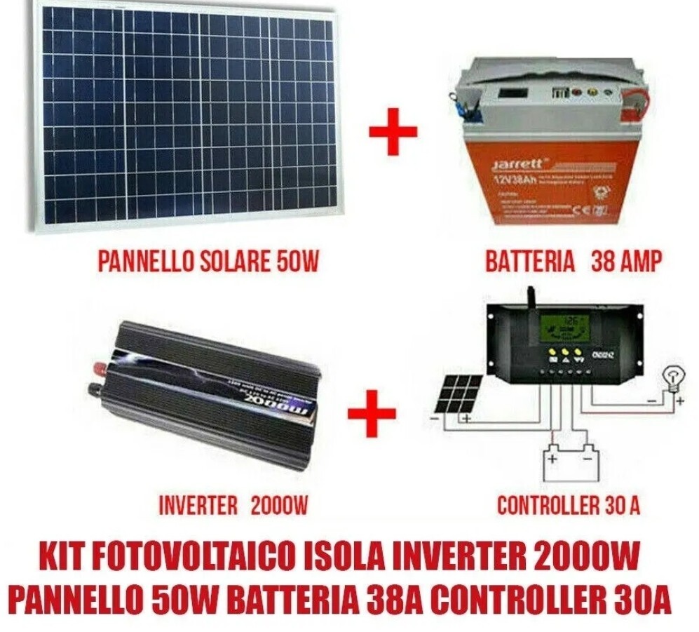 Kit Pannello Solare 50W + Inverter 2000W + Batteria 38A + Regolatore 30A
