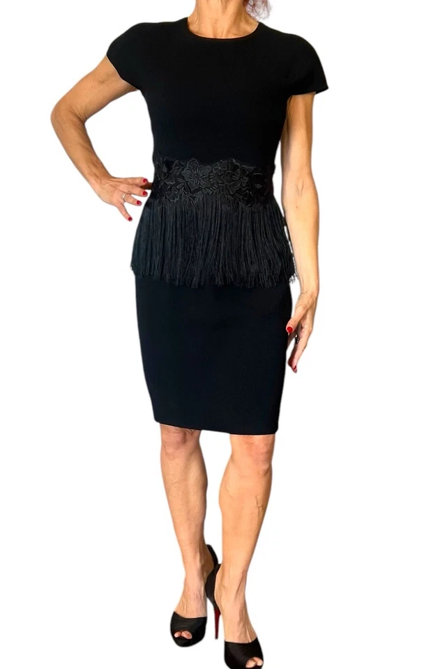 RICKIE FREEMAN TERI JON BLACK SHEATH DRESS CAP SLEEVE FLORAL APPLIQUE FRINGE 2 - Image 3 of 4