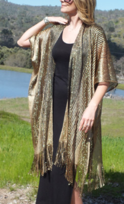 Metallic Mesh Glitter Black Gold Kimono Festival Duster Top One size Plus size