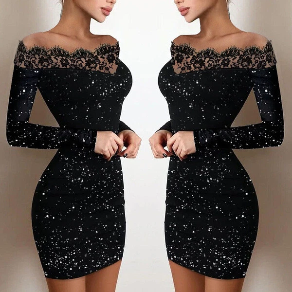 Womens Off Shoulder Long Sleeve Lace Bodycon Evening Party