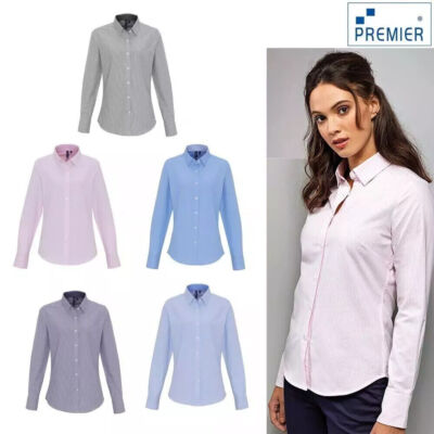 Premier Women's Cotton Rich Oxford Stripes Blouse PR338-office Workwear Shirt