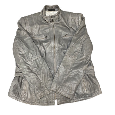 Gerry Weber Genuine Leather Jacket Women M Grey Fully Lined Long Sleeve Full Zip