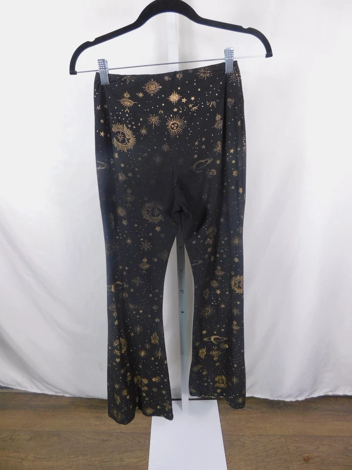 No Boundaries Med Flare Leg Pants Black Gold Celestial Print Stretch Boho Witch - Image 4 of 4
