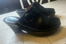 Born Leather Slip On Mules Womens Sz 9 Black Clogs Wedge 3  Heel Shoes W/ Buckle