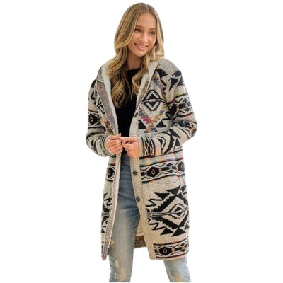 #ad On Blue Aztec Sherpa Lined Hooded Cardigan Sweater Women’s Small Boho Western $54.99