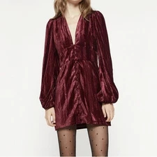 Bardot Velvet Mini Dress Large Maroon Holiday Party Bodycon Retro DeepV Neckline