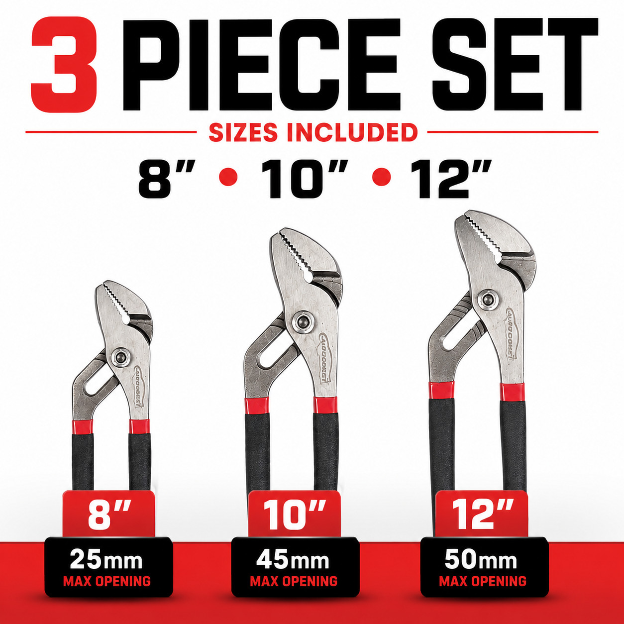 3pc Water Pump Pliers Set 8" 10" 12" Adjustable Groove Joint Plumbing Tool 2
