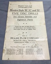 Moline Plow Company Monitor Estilo "B", "C" y "D" Cinco Taladros de Disco Lista de Reparación