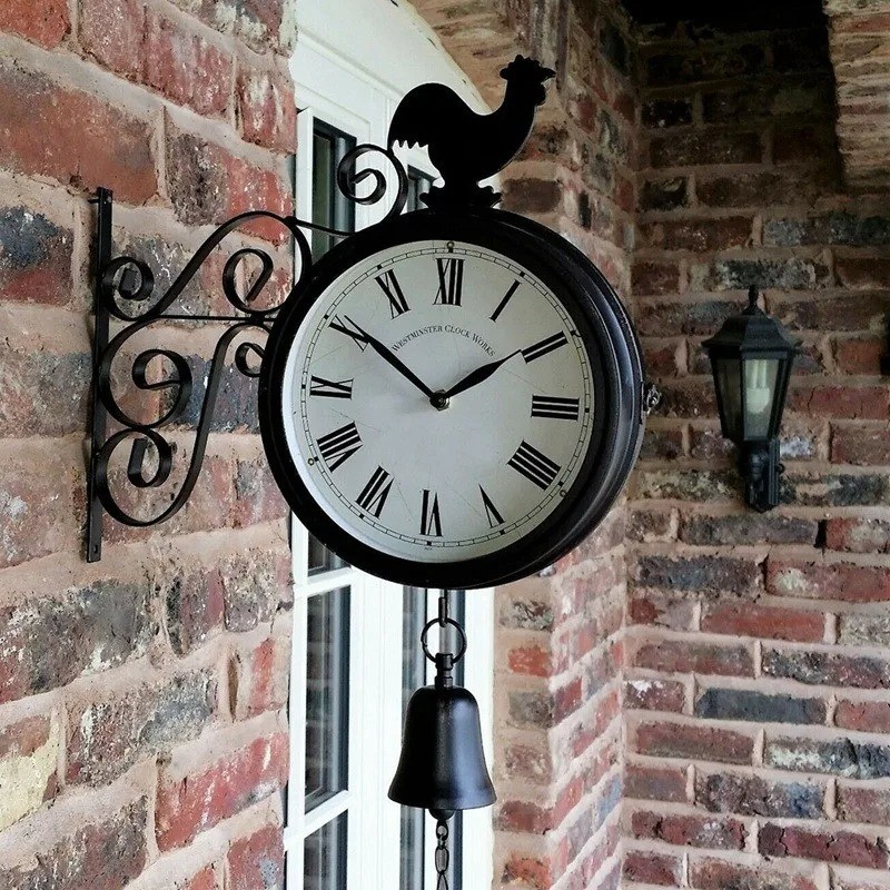 Outdoor Wall Clock Vintage Retro Double Sided Cockerel With Bell 31cm / 12"