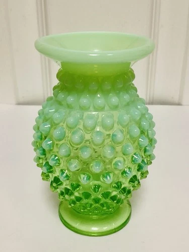 Vintage Uranium Fenton Green Opalescent Hobnail Glass Flower Vase 3 3/4” Tall