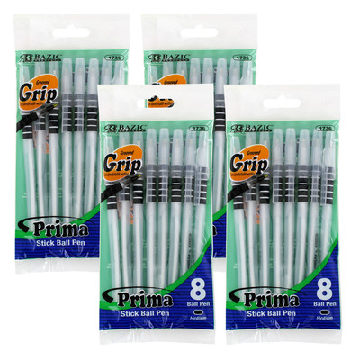 Bazic Prima Cushion Grip Stick Ballpoint Pens Medium Point, Black Ink, Pack of 3