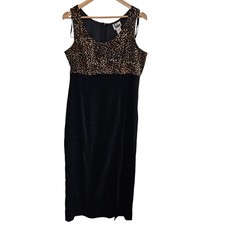 Vintage 90s Dress Womens Size 12 Black Animal Print Faux Suede Midi Whimsygoth