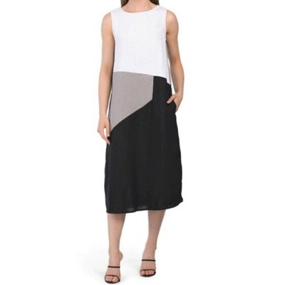 H Halston Linen Bland Color Block Sleeveless MIDI Dress Size M Summer Wedding