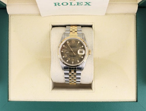 1989 Rolex Datejust 16233 Houndstooth Diamond Dial TT 18kt Jubilee W Papers 36mm