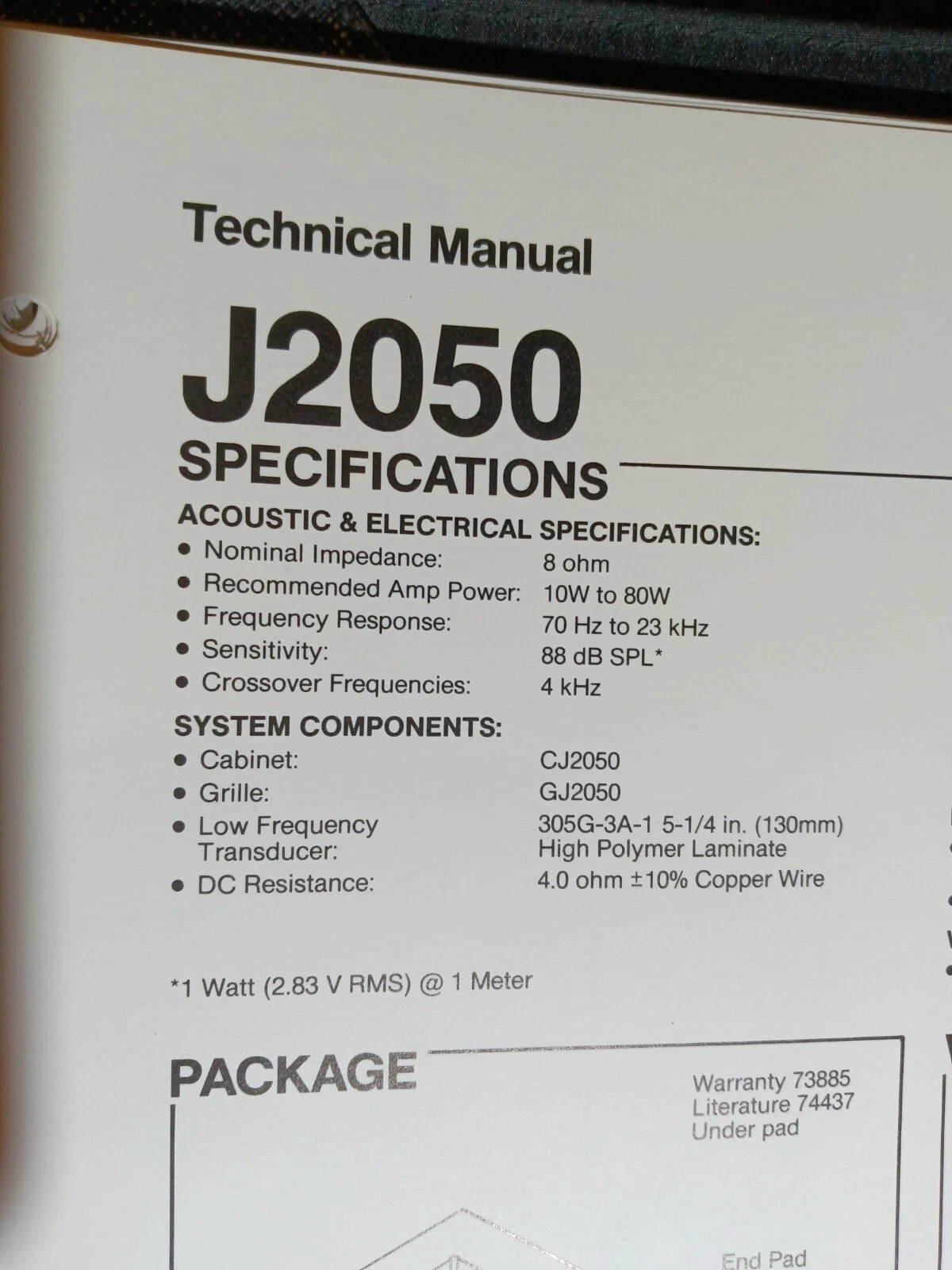 JBL J2050 Speakers Specifications Schematic Service Manual Original