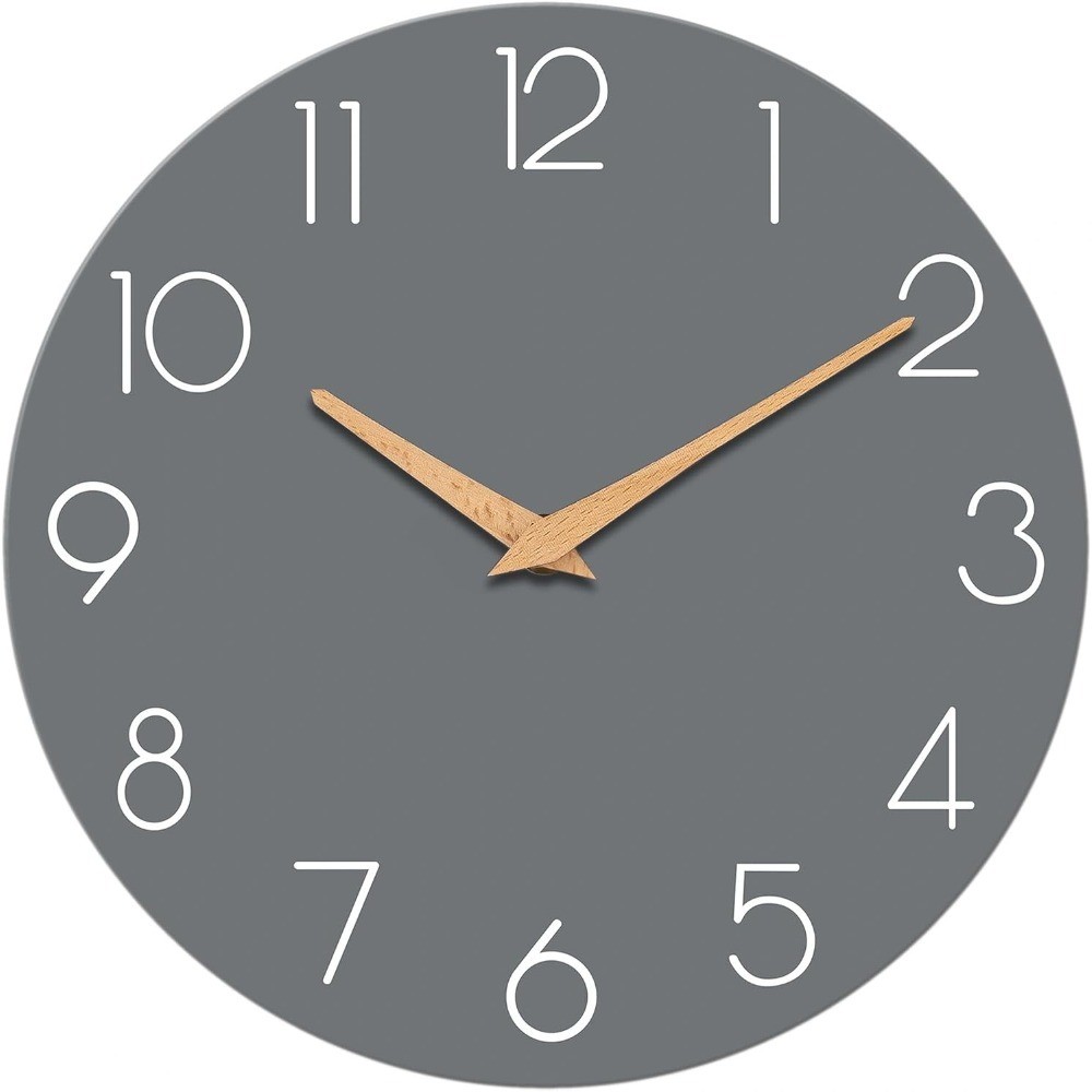 Wall Clock, Gray Silent Non-Ticking, Decorative Battery Operated Wall Clocks