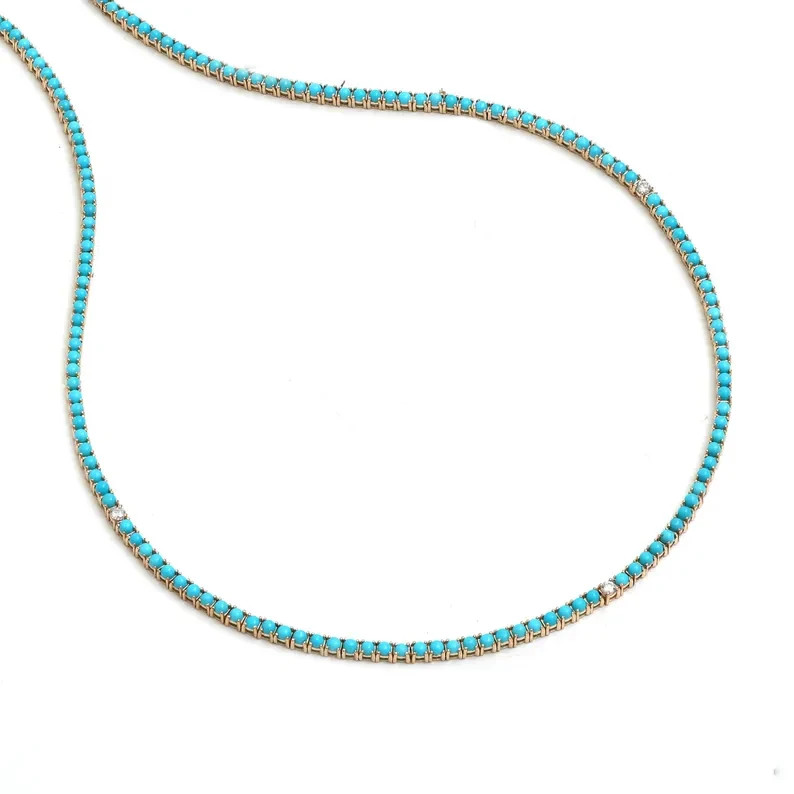 "6.90 Ct Natural Turquoise & Diamond Womens Tennis Necklace 10K Yellow Gold 18\""