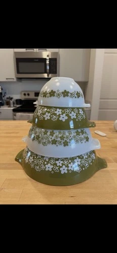 Vintage Pyrex Cinderella Mixing Bowls 4pc Spring Blossom Green Crazy Daisy