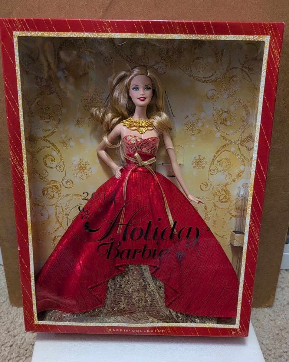 NEW BARBIE 2014 HOLIDAY DOLL RED GOWN WITH GOLDEN LACE BLOND