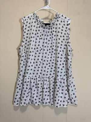 Loft Plus Women s Sz 20 White w Black Heart Print Ruffle Tie Back Peplum Blouse