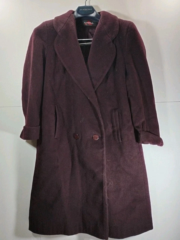 Abrigo Largo Parka Alorna Super Fina De Colección Años 80 Lana Doble Pecho Lana Borgoña Foto 3 de 4