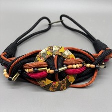 Vintage Boho Woven Cord Belt Rope Braid Wood Beads Brass Hook Batik Center 90s
