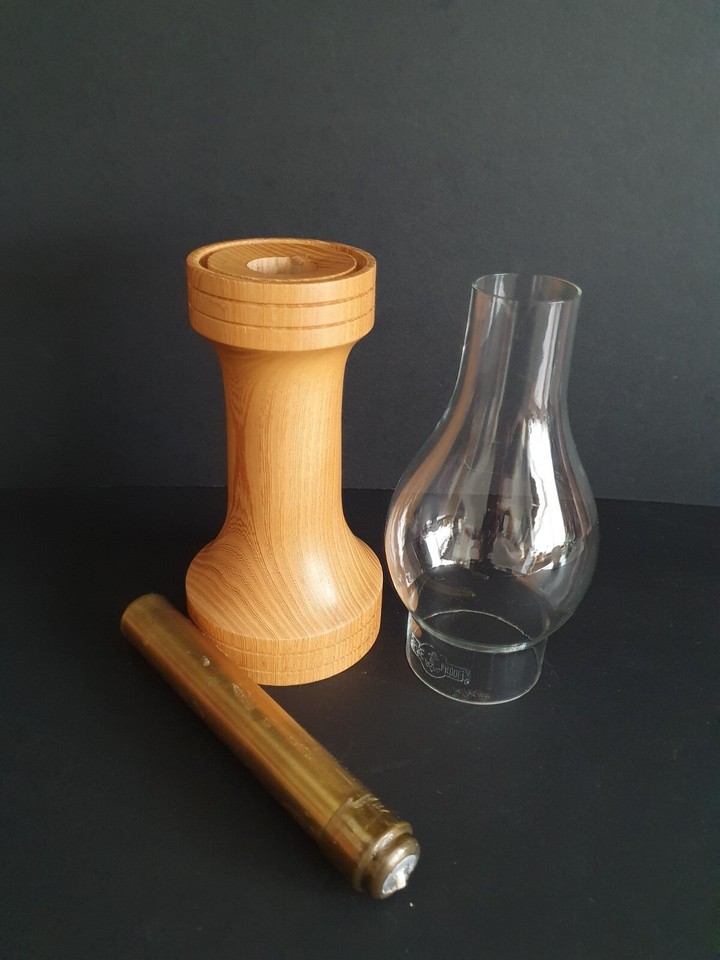 Turned Wood Spring Loaded Candlestick Candle Holder Glass Chimney