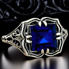 ART DECO STYLE 925 STERLING SILVER FILIGREE LAB-CREATED 2 CT SAPPHIRE RING  745