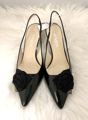 NIB Prada Black Patent Sling Black Pumps Black Floral