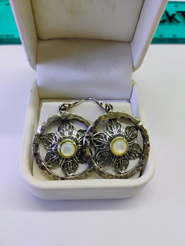 Round Hammered Sterling Silver Flower Earrings with Moonstones