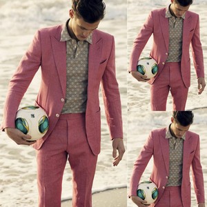 Details About Pink Men Linen Suit Summer Beach Wedding Prom Tuxedo Peaked Lapel Groom Suits