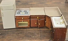 VTG Concord Dollhouse Miniatures Wood Kitchen 5pc set cabinets fridge sink stove