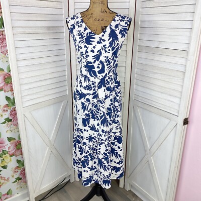 Magaschoni Dress Womens 4 Blue White Bold Shadow Fauna Floral Linen Midi |  eBay