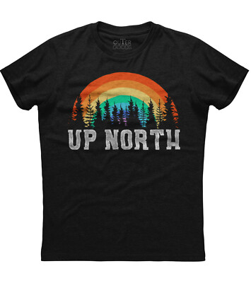 Up North Sunset Natural Pine Tree Mens Short Sleeve Cotton Black T-shirt