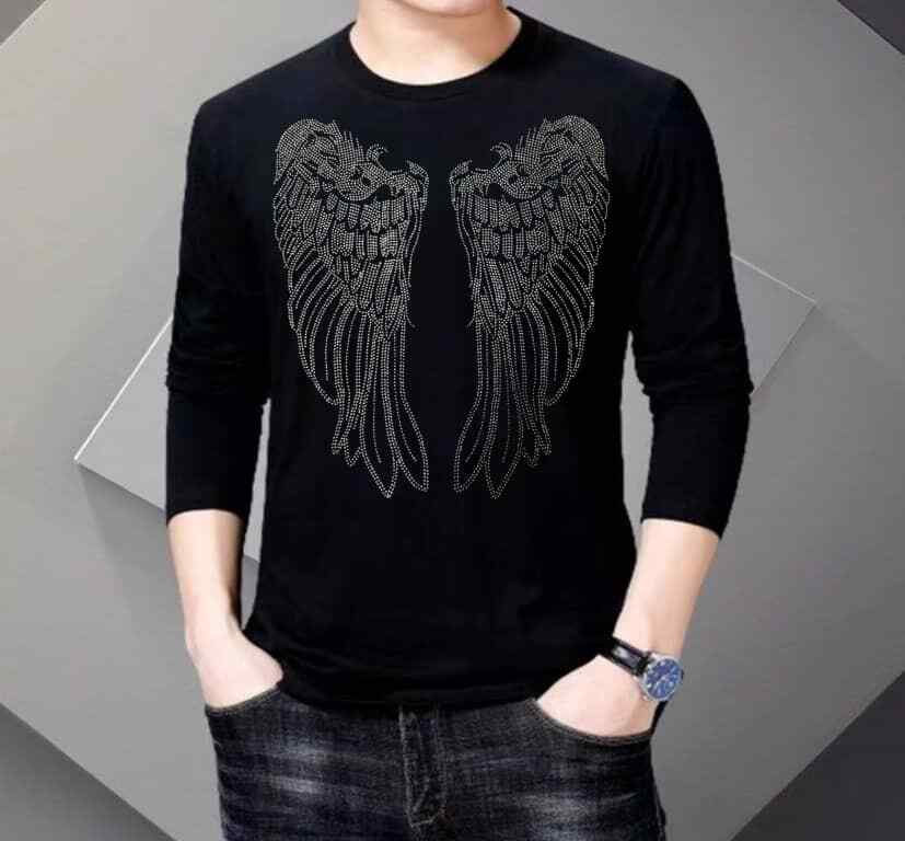 New Men Fashion Diamond Wings Rhinestone  Luxury Long Black T-Shirt High Quality