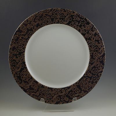 MASUDA YOKOHAMA PORCELAIN 12'' CHARGER PLATE BLACK GOLD INRO ARABESQUE VTG