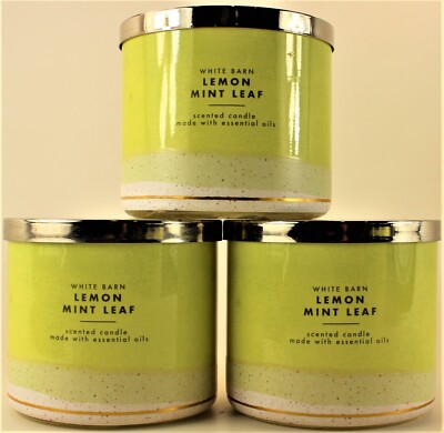 QTY 3 Bath & Body Works White Barn LEMON MINT LEAF 3 Wick 14.5 Oz Scented Candle