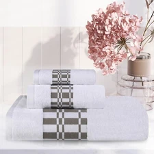 Larissa Cotton Geometric Embroidered Jacquard Border 3 Piece Assorted Towel Set