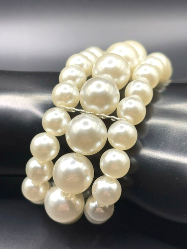 Vintage 3 Strand Graduated Imitation Pearl Layered Necklace Stretch Bracelet Set - Picture 9 of 21