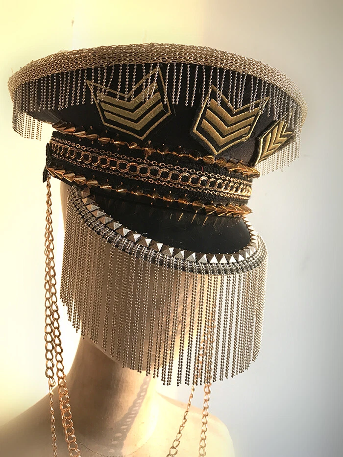 Women Crystal Diamante Sequin Beaded Military Captain Hat Cap Steampunk Cosplay - Image 4 of 4