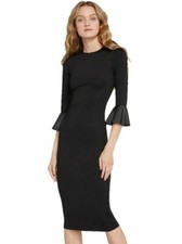 ALICE + OLIVIA Delora Trumpet Leather Sleeve Black Midi Dress. Size 10 NWT $440
